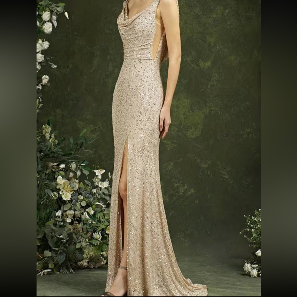 Luxurious slit thigh draped back party formal prom sequins gown dress - Picture 7 of 7